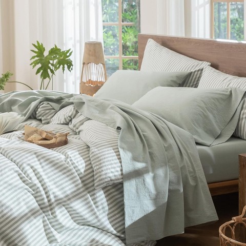 Der Rose BALHAM TRADE-Queen 100% Washed Cotton Linen Like Bedding Sheet Set Breathable Durable Soft Comfy Heathered Sage Green-Queen 90"x102"
