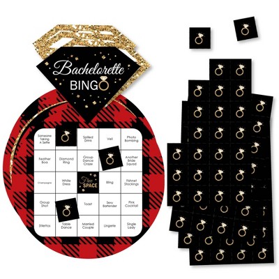 Big Dot of Happiness Flannel Fling Before the Ring - Bar Bingo Cards and Markers - Buffalo Plaid Bachelorette Party Shaped Bingo Game - Set of 18