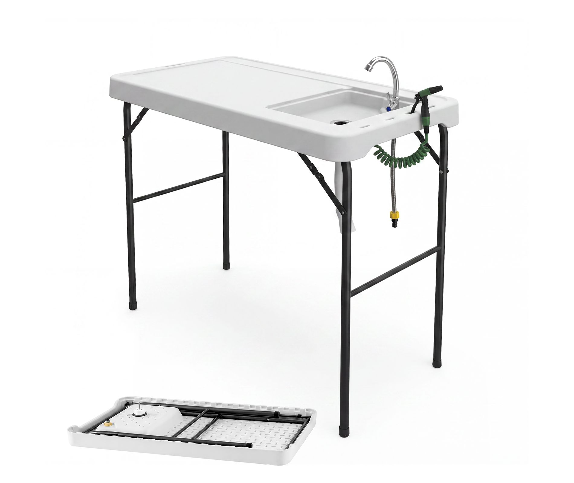 Folding Fish Cleaning Table with Sink, Outdoor Fillet Table with Faucet, Drainage Hose & Sprayer, Portable Camping Sink Station with for Picnic