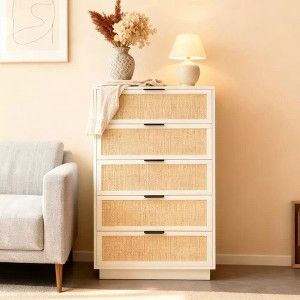 Antique White Rattan 5-Drawer Dresser, 46.7" Tall Chest with Metal Handles for Bedroom, Living Room, or Nursery Storage - 1 of 4