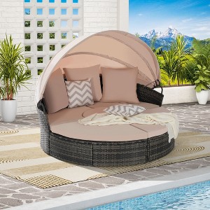 5-Piece Outdoor Patio Round Daybed Set, Wicker Conversation Group with Retractable Canopy, Soft Cushions, and Storable Table - 1 of 4