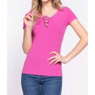 Women's Lace Up Short Sleeve Rib Knit T-Shirt - Active Basic