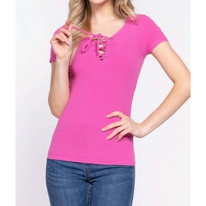 Women's Lace Up Short Sleeve Rib Knit T-Shirt - Active Basic - 1 of 4