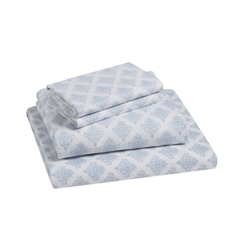 Kate Aurora Cozy Bed Collection 100% Cotton Flannel Winter Damask Blue & White 4 Piece Sheet Set, 3 of 4