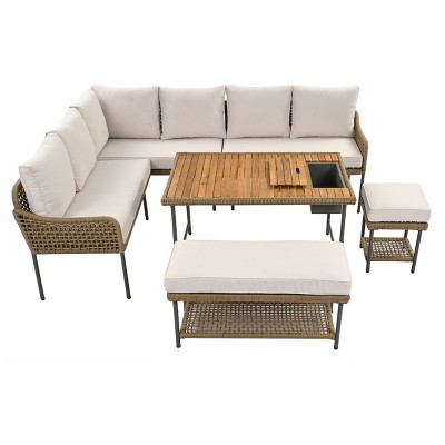 6-Piece Outdoor Rope Patio Conversation Set, L-Shaped Sectional Sofa with Deep Cushions and Acacia Wood Table with Ice Box – Maison Boucle