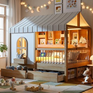 Polibi Full Size House Bed with Soft Tent Canopy, Bookshelf, Dual Drawers & USB Charging Ports - 1 of 4