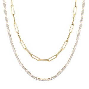 Adornia 14k Gold Plated Tennis and Paperclip Chain Necklace Set - 1 of 4