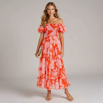 Knit & Lounge Women’s Off Shoulder Smocked Midi Dress Puff Sleeves Tiered Skirt Floral Print Flowy Romantic Silhouette