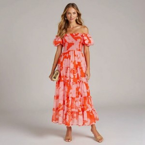 Knit & Lounge Women’s Off Shoulder Smocked Midi Dress Puff Sleeves Tiered Skirt Floral Print Flowy Romantic Silhouette - 1 of 4