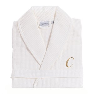 Linum Home Textiles 100% Turkish Cotton Unisex Personalized Waffle Weave White Bathrobe in Gold Script Font - 1 of 1