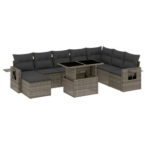 vidaXL 9 Piece Patio Sofa Set with Cushions Gray Poly Rattan - Gray without storage - 1 of 4