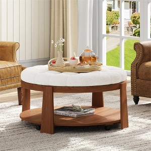 KTMBDW Round Ottoman Coffee Table, 2-Tier Oversized Button Tufted Ottoman with Wood Shelf Storage Upholstered Coffee Table for Living Room - 1 of 4