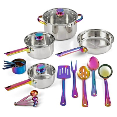 LunaLulinlk Iridescent Stainless Steel 20-Piece Cookware Set, with Kitchen Utensils and Tools