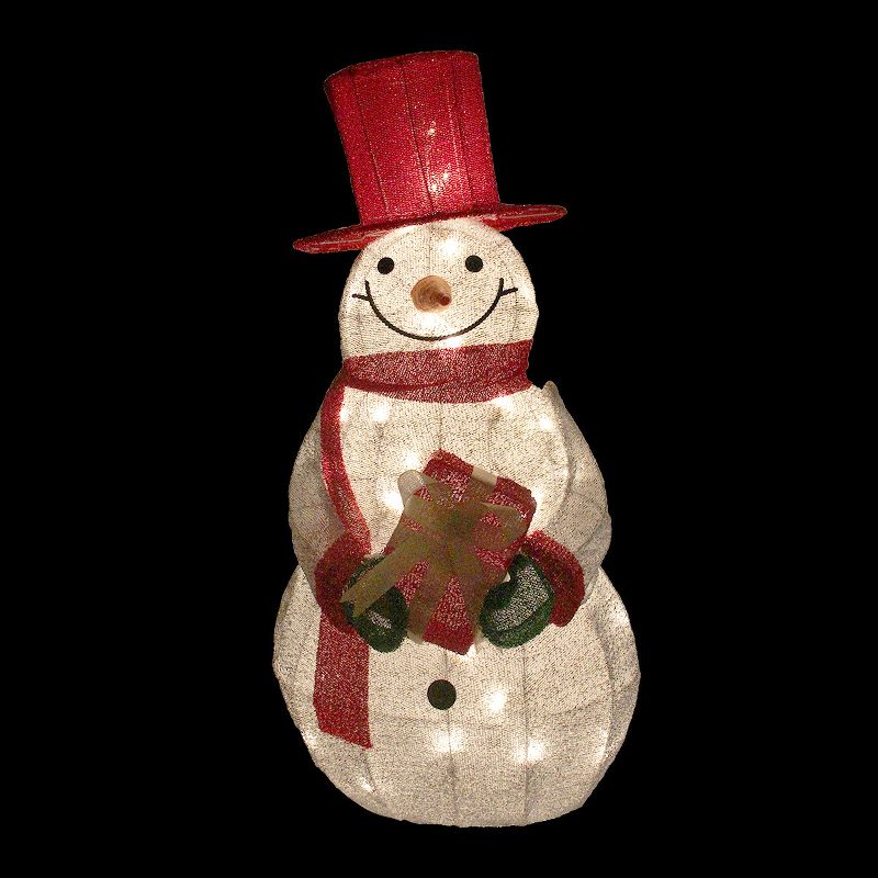 Northlight 32" Lighted Red and Silver Colored Tinsel Snowman with Gift Christmas Outdoor Decoration, 2 of 3