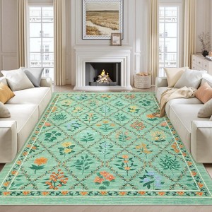 Washable Modern Floral Rug - Non-Slip Lightweight Thin Carpet, Non-Shedding Soft Low Pile Floor Cover for Bedroom Living Room - 1 of 4