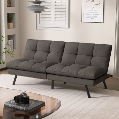 Dyonery Convertible Sofa Bed, Linen Futon w/Adjustable Backrest & Memory Foam, Sleeper for Living Room, RV, Office - Black