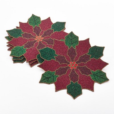 Saro Lifestyle Beaded Poinsettia Placemat (Set of 4 pcs), Red