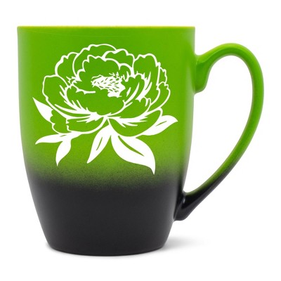 Elanze Designs Botanical Floral Nature Coffee Cup Mug 12 Ounce Ceramic With Ombre Gradient Elegant Minimalist Peony Flower Silhouette Green and Black
