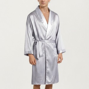 Anna-Kaci Men's Satin Robe with Geometric Print Contrast Shawl Collar and Waist Tie - 1 of 4