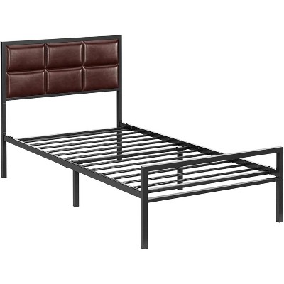 Full Size Bed Frame, Faux Leather Platform Bed Frame with Upholstered Square Stitched Headboard, Metal Bed Frame with Steel Slats Support,Red Brown