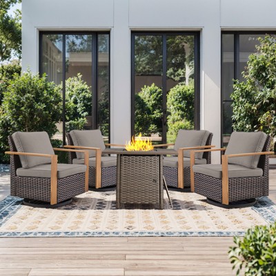 Buenhomino Outdoor Furniture with Fire Pit -Patio Table and Chairs Set of 4 Swivel Patio Chairs for Deck Porch Garden Poolside Backyard