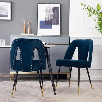 Modern Velvet Upholstered Dining Chair Set of 2 with Nailhead Trim and Gold Tipped Metal Legs for Kitchen or Dining Room-Baofuwish
