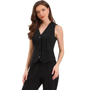 INSPIRE CHIC Women's Striped V Neck Sleeveless Button Down Fully Lined Dressy Blazer Vest with Pockets - 1 of 4