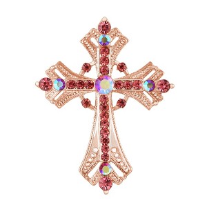 Anna-Kaci Silvery Tone Religious Cross Brooch Sparkling Aquamarine Blue or Victorian Clear Crystal Rhinestones - 1 of 4