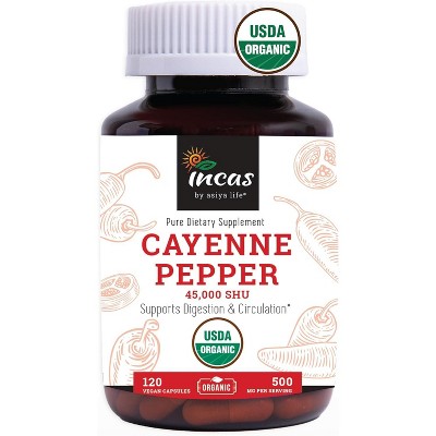 INCAS 100% USDA Organic Cayenne Pepper 120 Capsules (500mg) 45,000 SHU Digestion & Circulation Support | 120 Servings