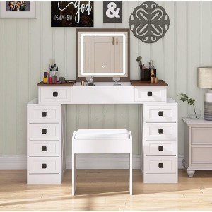 Makeup Vanity Table With LED Lighted Mirror, Farmhouse Makeup Desk Vanity Table With Stool, 10 Drawers, Space Saving Flip Mirror For Bedroom - 1 of 4
