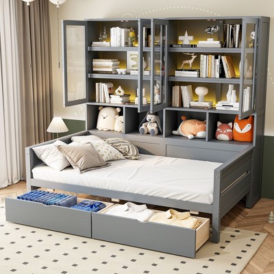 Twin Size Wooden Daybed with Glass-Door Storage Cabinets, Built-in LED Lighting and Shelves