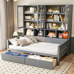 Twin Size Wooden Daybed with Glass-Door Storage Cabinets, Built-in LED Lighting and Shelves - 1 of 4