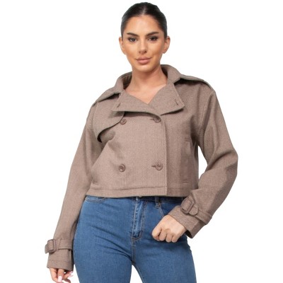 Slickblue Women's Cropped Trench Coat with Buckled Cuffs, Double Breasted Notch Collar, Black-White/Camel, Size S-L