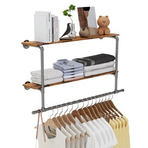 2 In 1 Heavy Duty Industrial Pipe Clothes Rail Floating Wall Mounted Hanging Display Closet Storage Shelf for Bedroom Laundry Room - 1 of 4