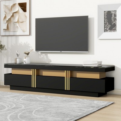68.8"W TV Stand with High Gloss Faux Marble Top for TVs Up to 78'' with Golden Panel Design and 3 Drawers, 4Q-ModernLuxe