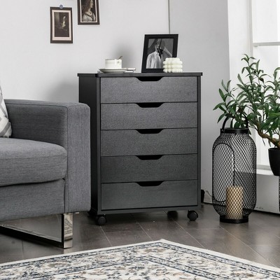 Black MDF 5-Drawer Mobile Storage Cabinet with Wheels
