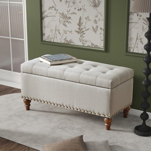 Hrinhom 36.6"W Linen Storage Bench, Wooden Leg Footstool,Ottoman With Rivet Trim - 1 of 4