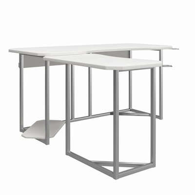 White and Silver L-Shaped Gaming Desk with CPU Stand