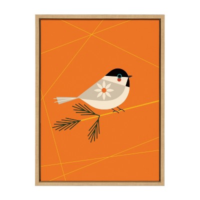 Mid-Century Modern Black-Capped Chickadee Canvas Art in Natural Frame