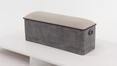 Gray Galvanized Metal Storage Bench with Beige Upholstered Seat