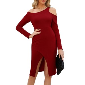 Womens Bodycon Cocktail Party Dress Long Sleeve Cut Out High Slit Midi Dress One Shoulder - 1 of 4
