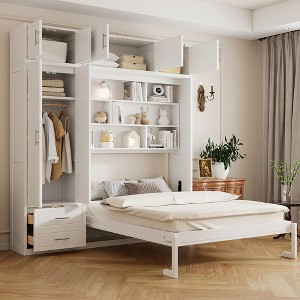 KIGFTSOD Queen Size Wall Murphy Bed with Top Cabinet,Shelves and Wardrobe, Space Saving Foldable Bed - 1 of 4