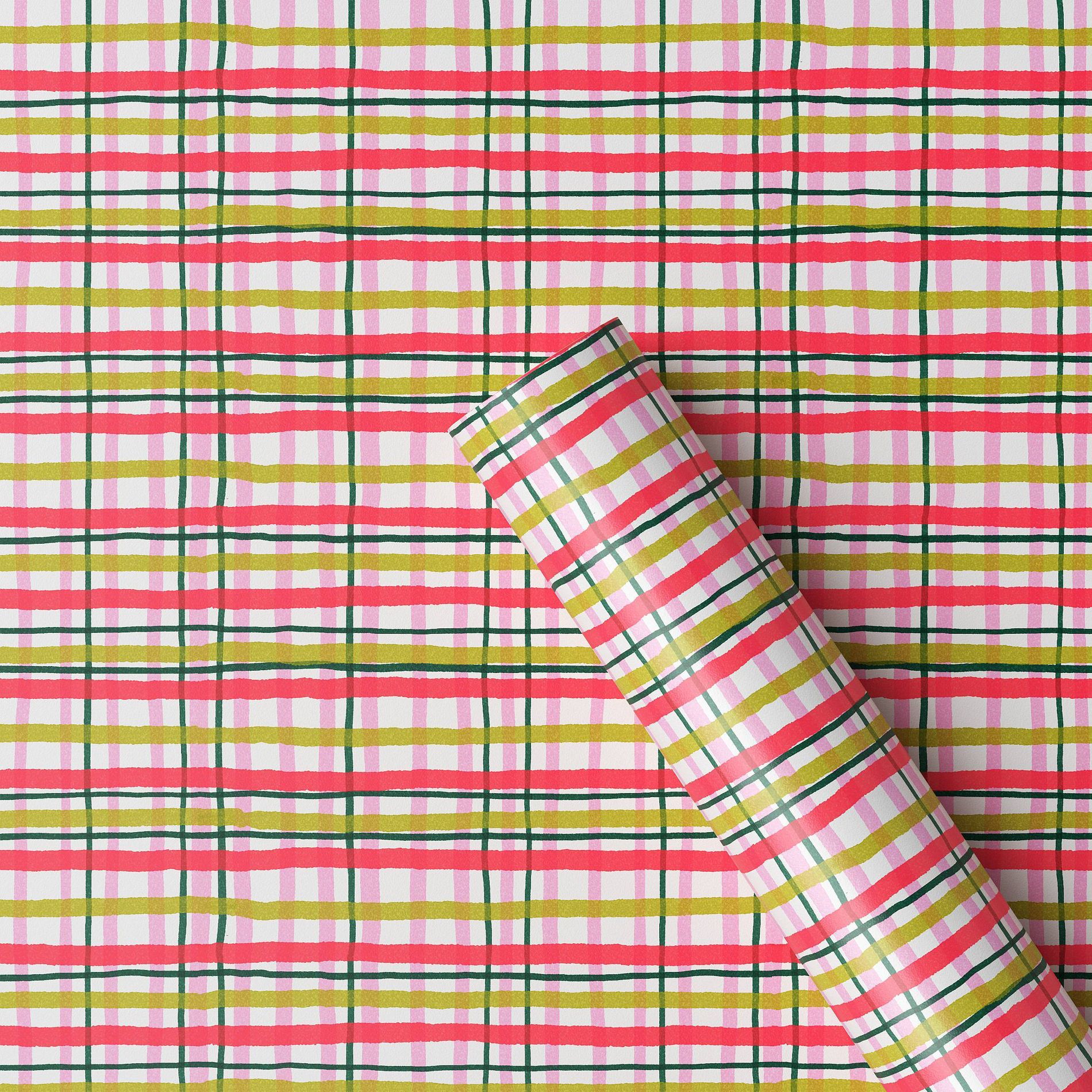 30” 20 sq ft Christmas Roll Wrap Pink/Green Plaid - Wondershop™