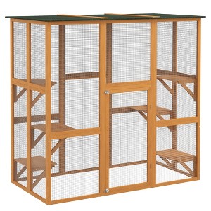 Outdoor Cat House Big Catio Wooden Feral Cat Shelter Enclosure with Large Spacious Interior, 6 High Ledges, Weather Protection Asphalt Roof, 71" L - 1 of 4