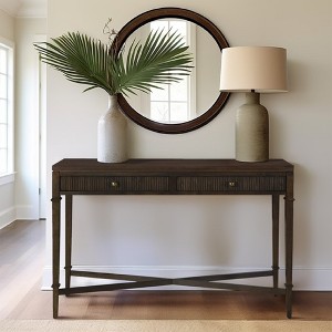 MDF Fluted 2-Drawer Console Table with Antique Brass Hardware and Tapered Legs and Wood Stretchers - 1 of 4