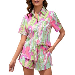 Clearlove Women's 2 Piece Outfits Short Sleeve Button Down Shirts Top High Waist Shorts Set Tracksuit - 1 of 4
