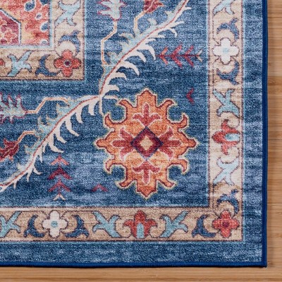 Cullen Blue Floral Border Washable Polyester Area Rug, 5' x 7'