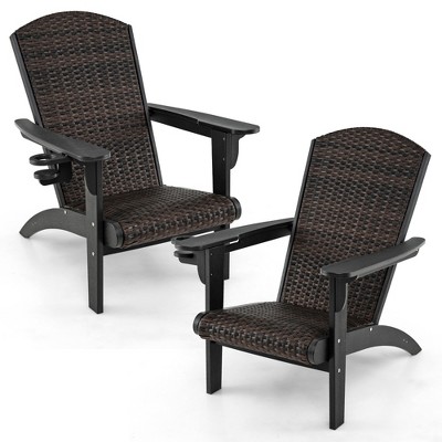 Tangkula Set of 2 Adirondack Chair w/ Rattan Padded Seat & Back Wide Hidden Cupholder Patio