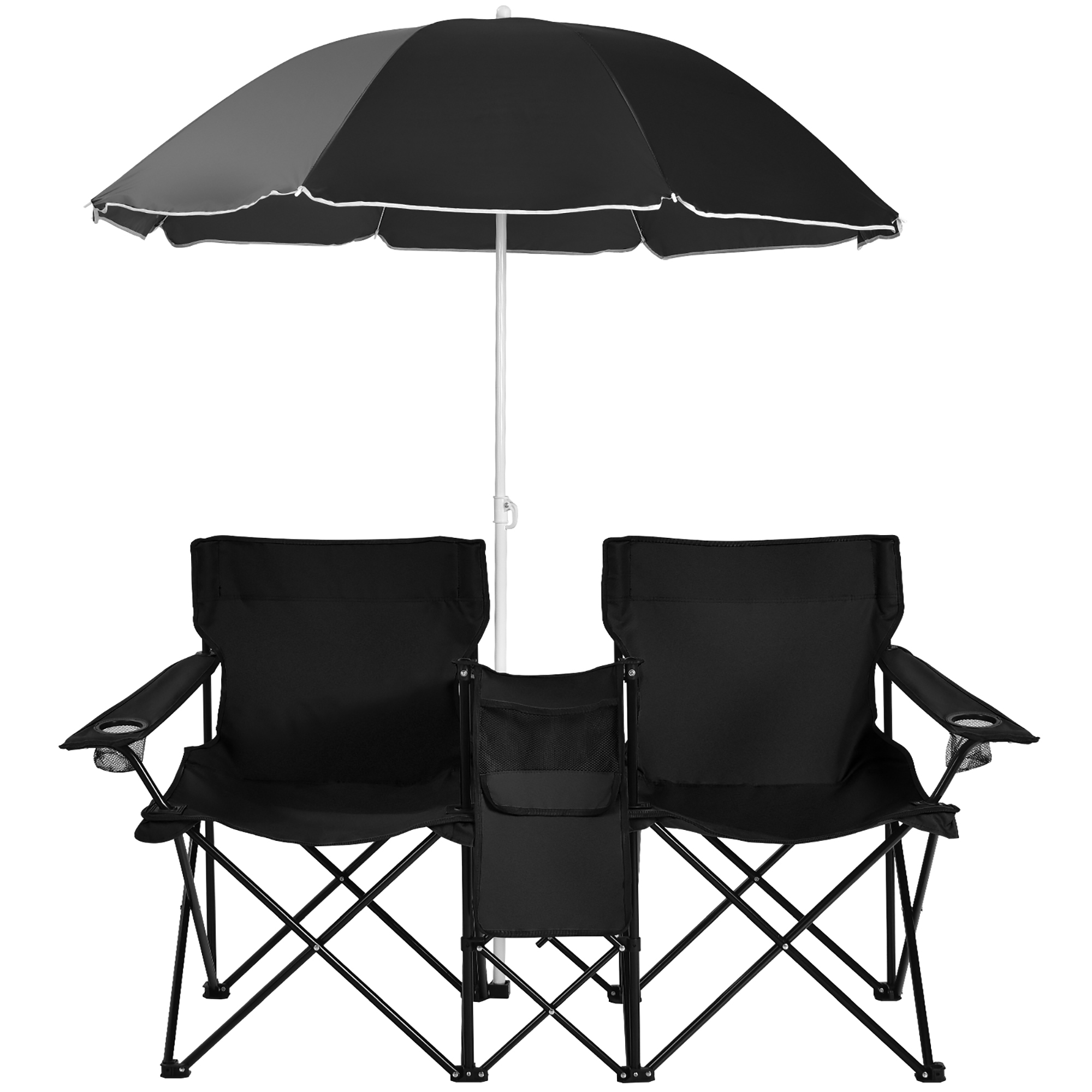 Costway Portable Folding Picnic Double Chair W/Umbrella Table Cooler Beach Camping Black