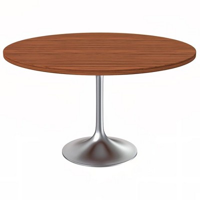 LeisureMod Verve Mid-Century Modern 48" Round Table with MDF Top and Brushed Chrome Pedestal Base for Dining Room and Kitchen